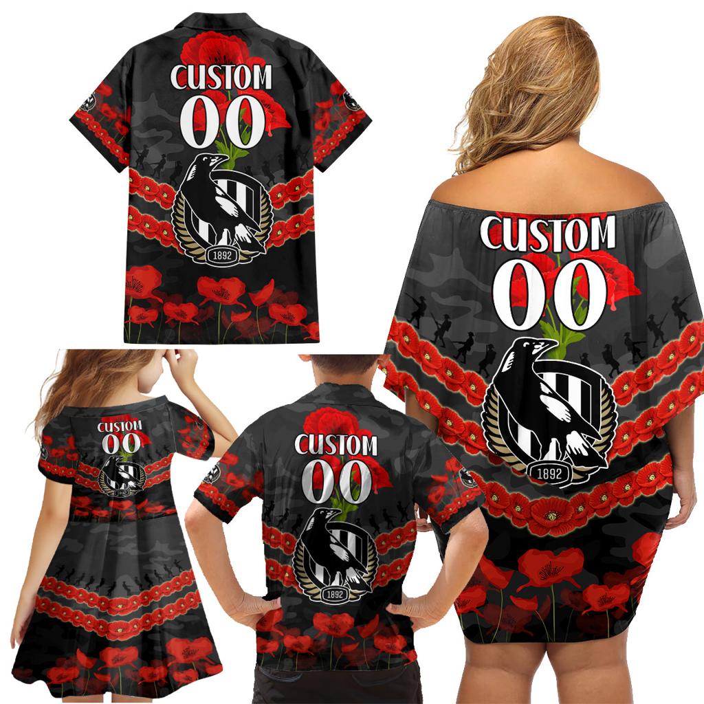 Custom Magpies Football Family Matching Off Shoulder Short Dress and Hawaiian Shirt ANZAC Lest We Forget