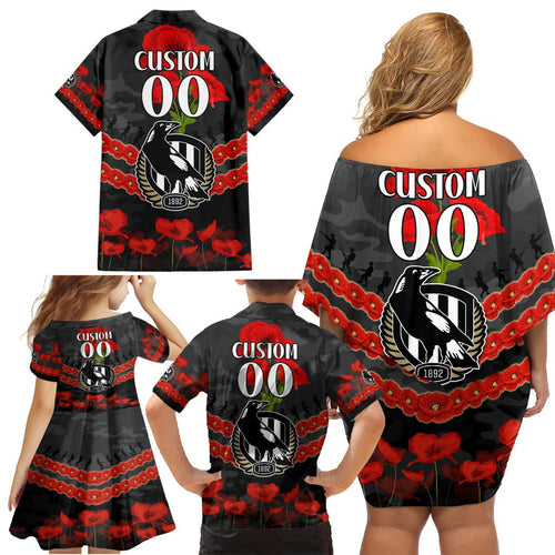 Custom Magpies Football Family Matching Off Shoulder Short Dress and Hawaiian Shirt ANZAC Lest We Forget
