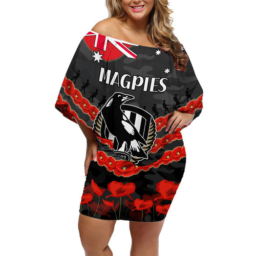 Custom Magpies Football Family Matching Off Shoulder Short Dress and Hawaiian Shirt ANZAC Lest We Forget