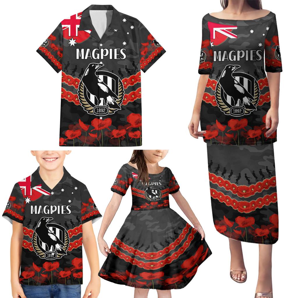 Custom Magpies Football Family Matching Puletasi and Hawaiian Shirt ANZAC Lest We Forget