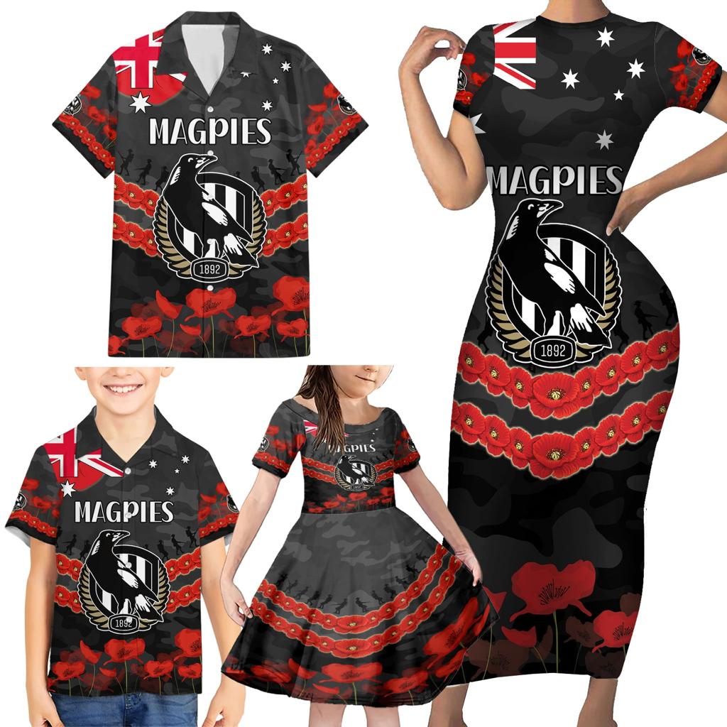 Custom Magpies Football Family Matching Short Sleeve Bodycon Dress and Hawaiian Shirt ANZAC Lest We Forget