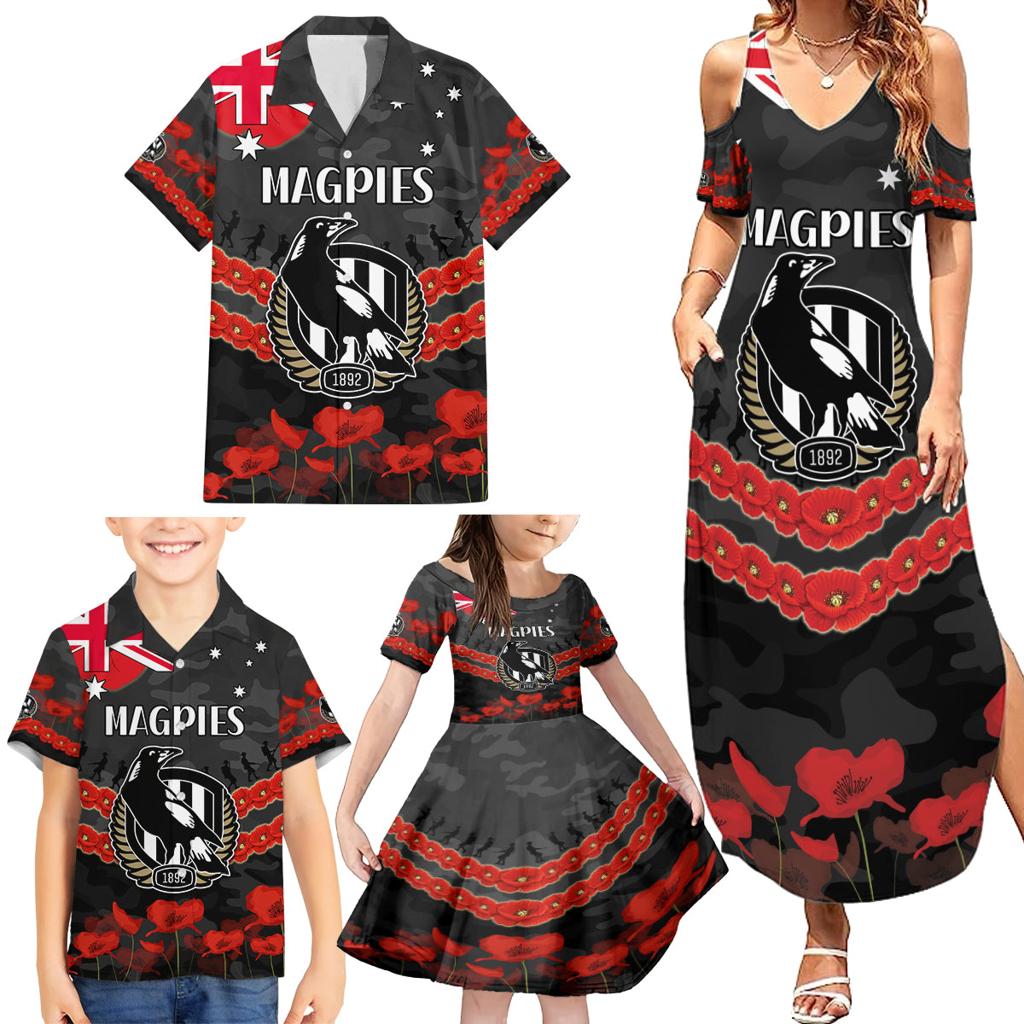 Custom Magpies Football Family Matching Summer Maxi Dress and Hawaiian Shirt ANZAC Lest We Forget
