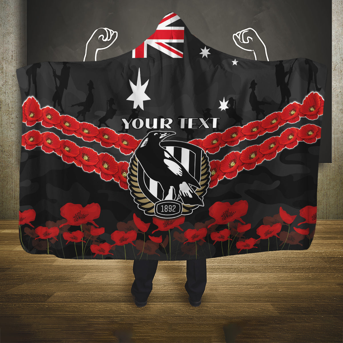 Custom Magpies Football Hooded Blanket ANZAC Lest We Forget