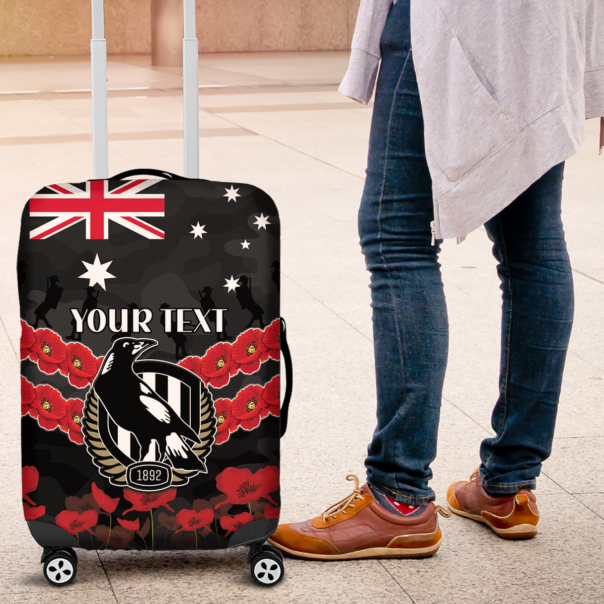 Custom Magpies Football Luggage Cover ANZAC Lest We Forget