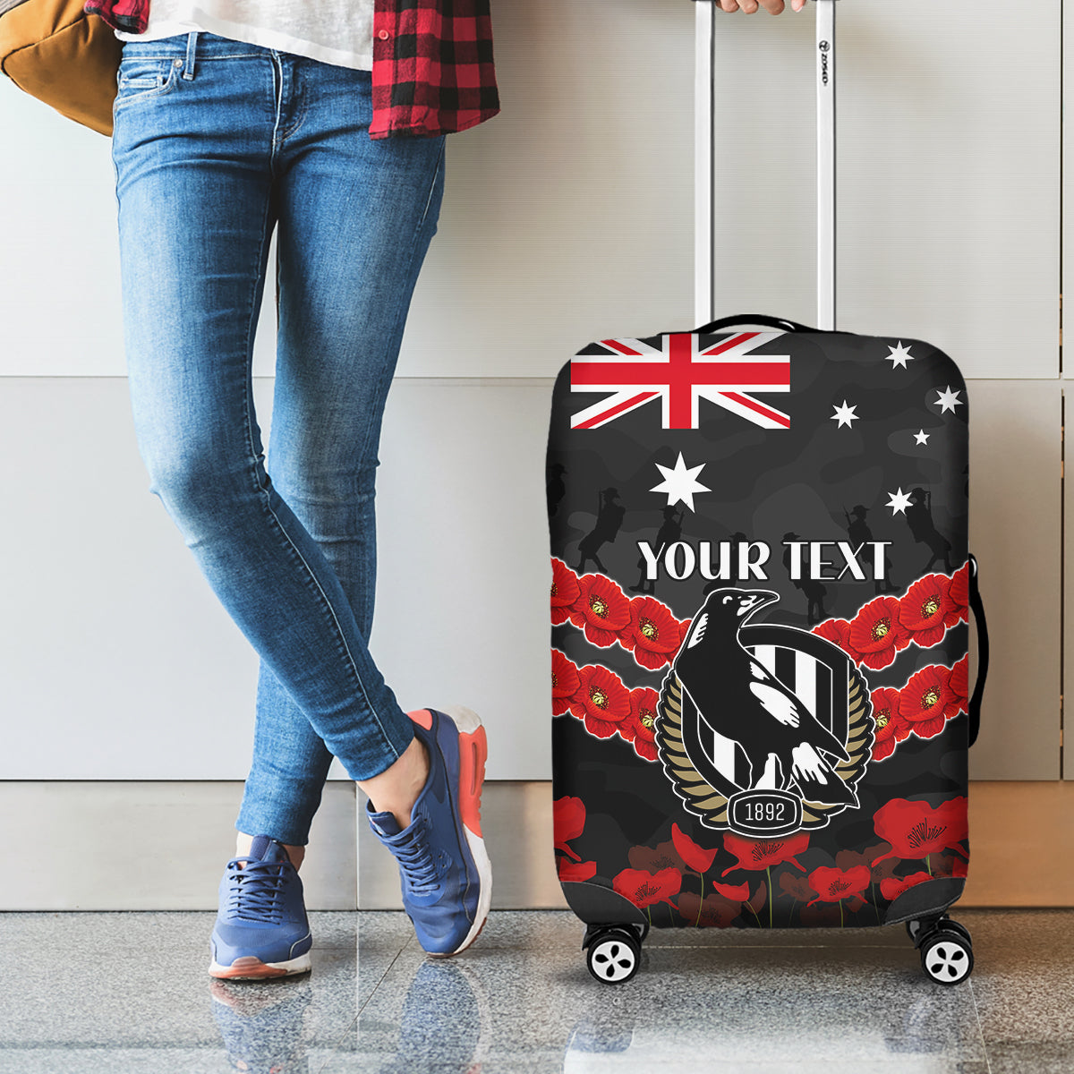 Custom Magpies Football Luggage Cover ANZAC Lest We Forget