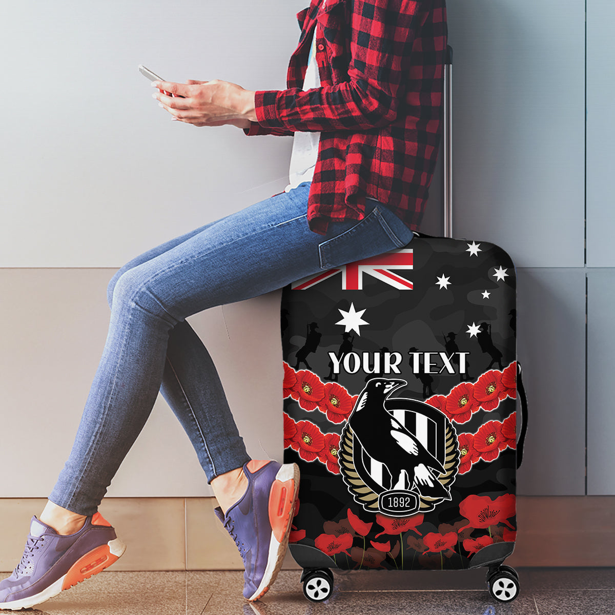 Custom Magpies Football Luggage Cover ANZAC Lest We Forget