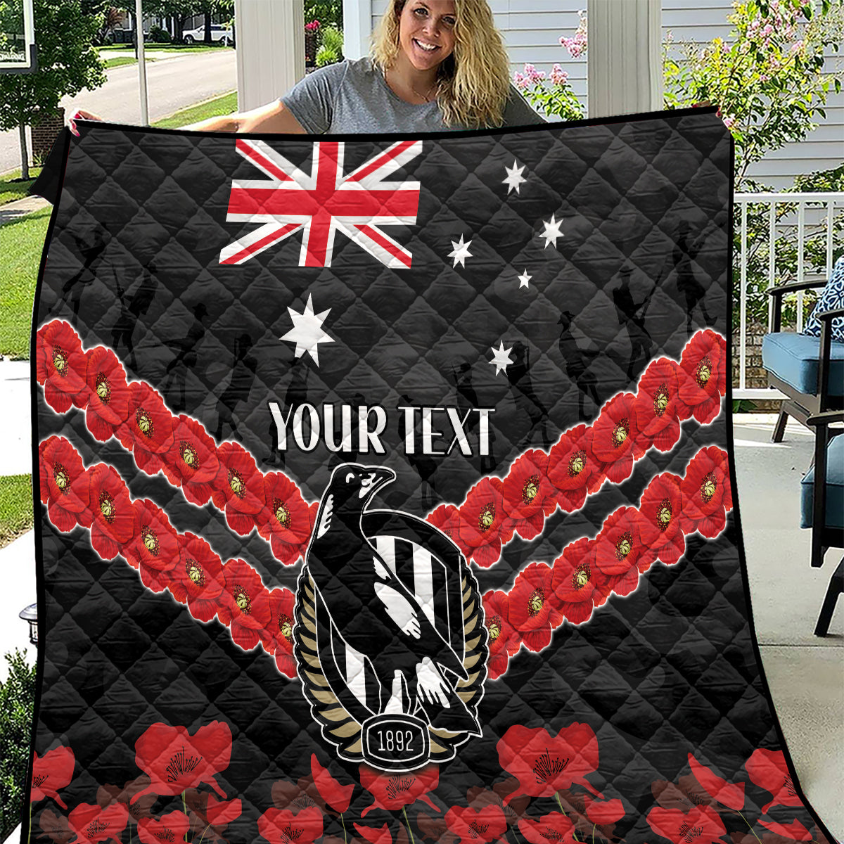 Custom Magpies Football Quilt ANZAC Lest We Forget