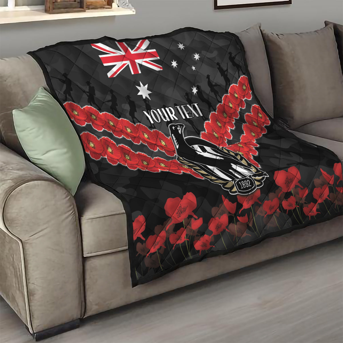 Custom Magpies Football Quilt ANZAC Lest We Forget