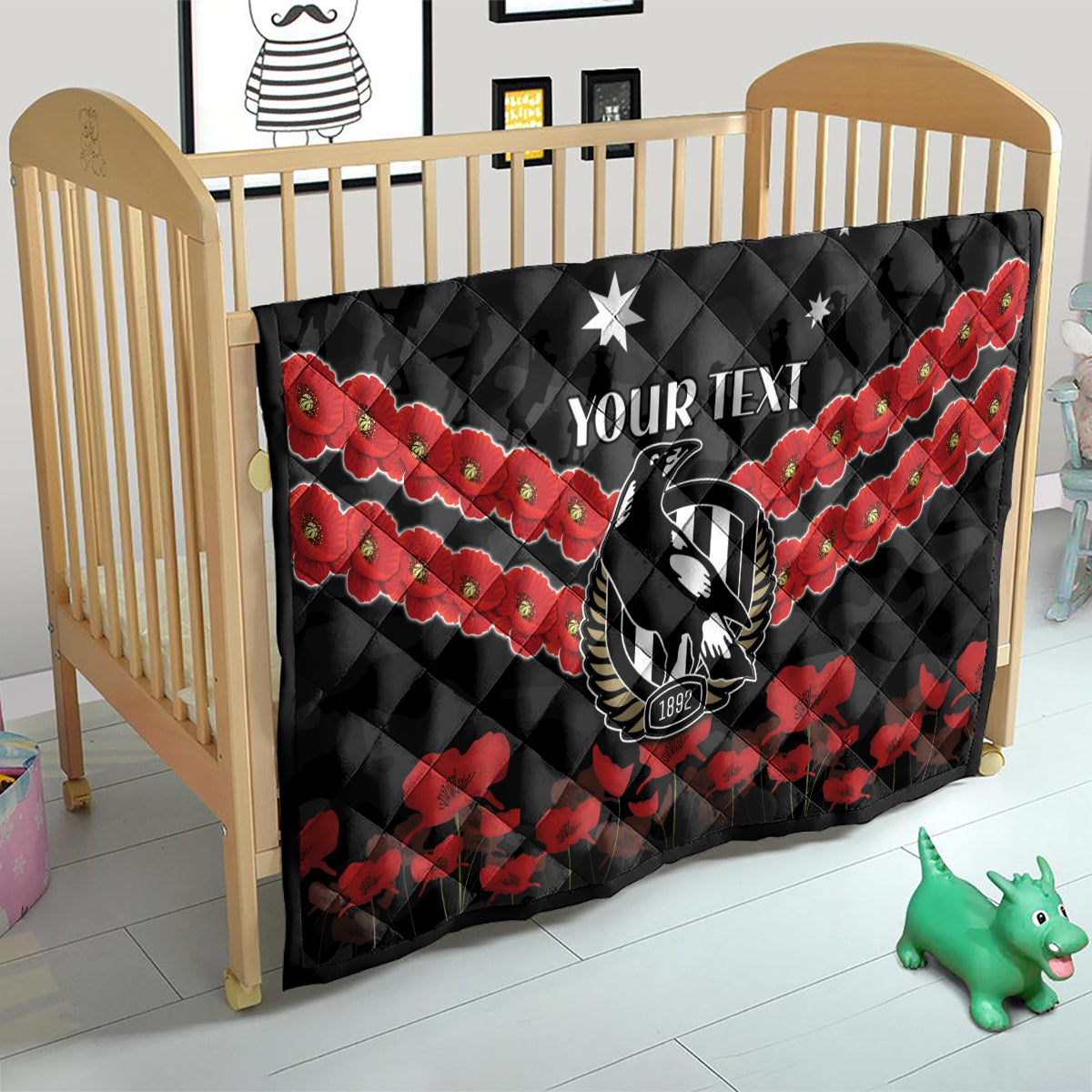 Custom Magpies Football Quilt ANZAC Lest We Forget