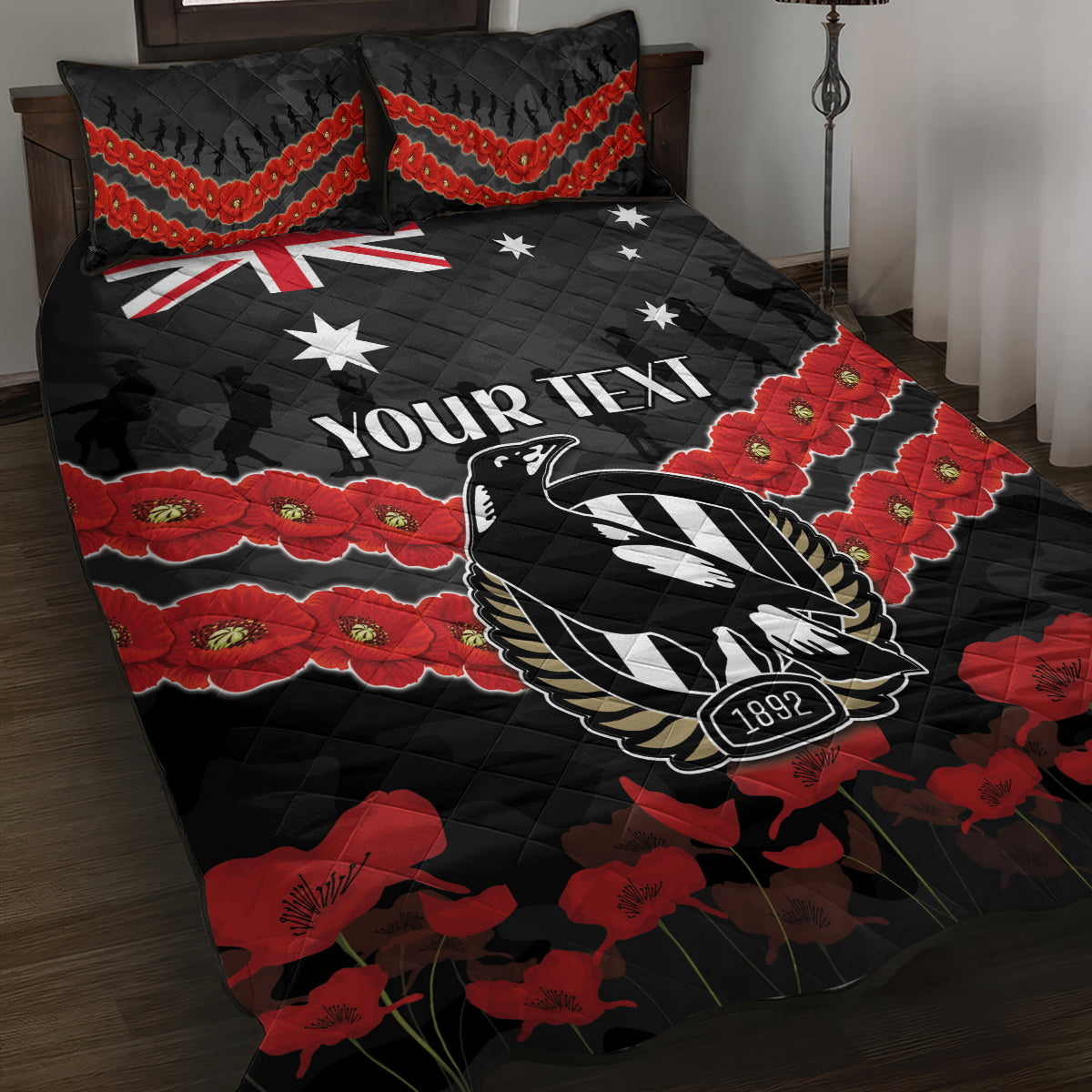 Custom Magpies Football Quilt Bed Set ANZAC Lest We Forget
