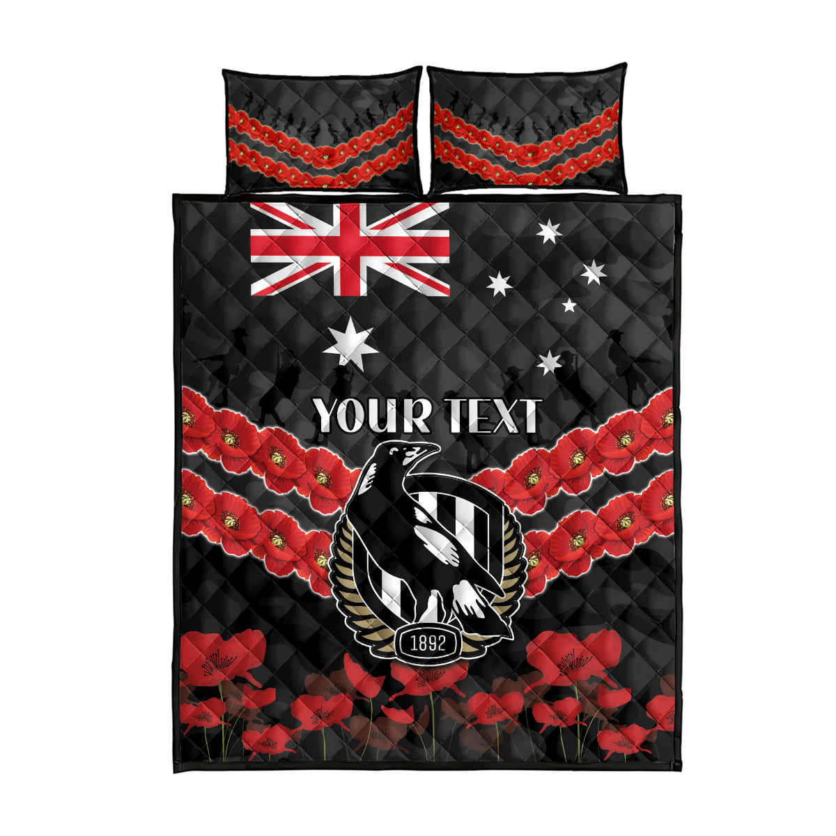 Custom Magpies Football Quilt Bed Set ANZAC Lest We Forget