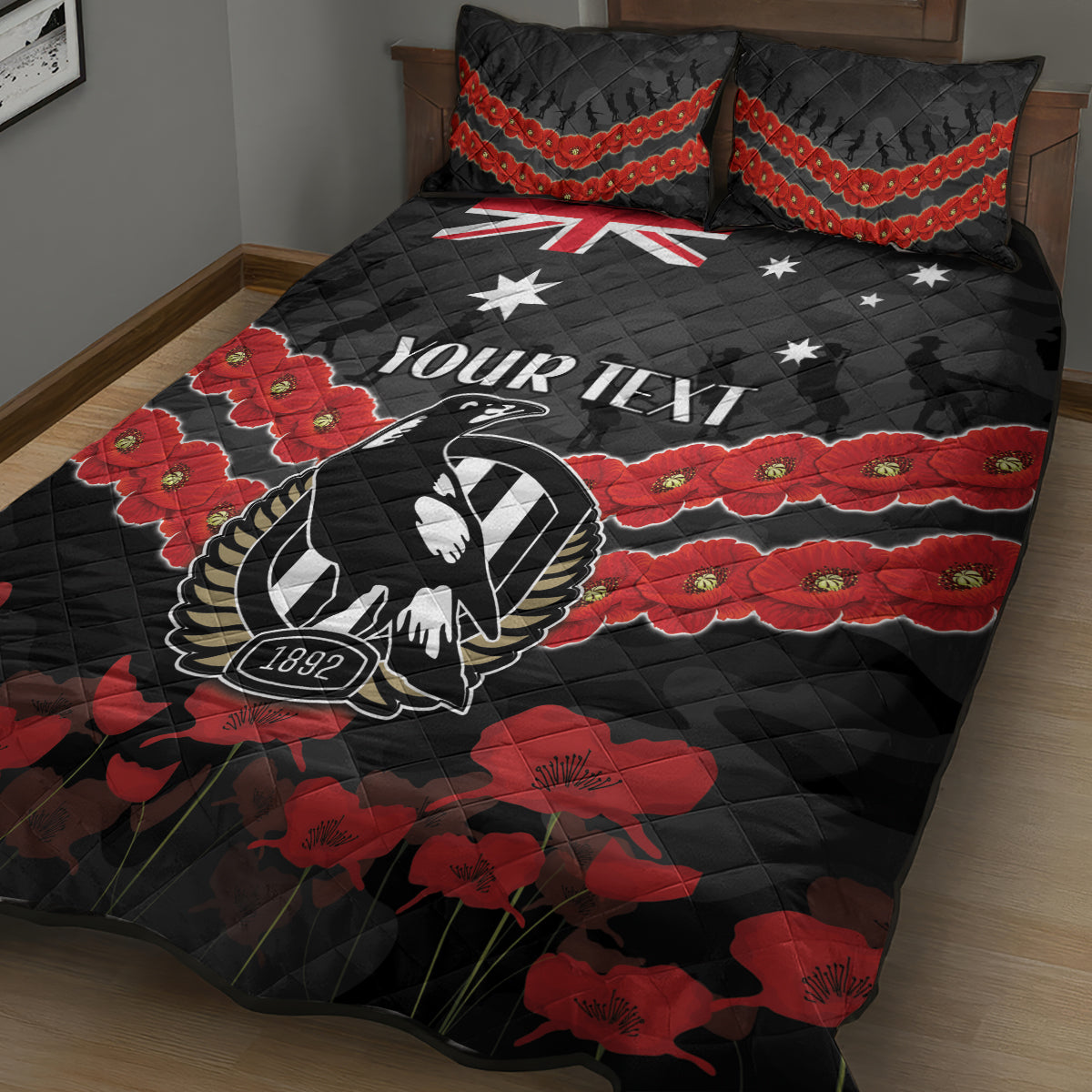 Custom Magpies Football Quilt Bed Set ANZAC Lest We Forget