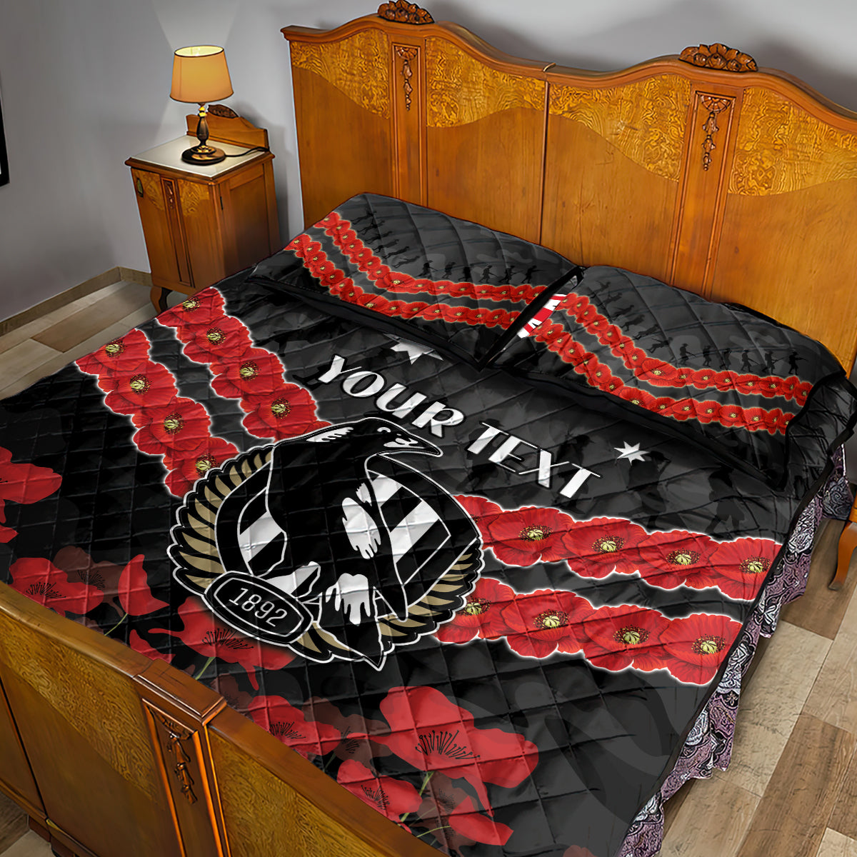 Custom Magpies Football Quilt Bed Set ANZAC Lest We Forget