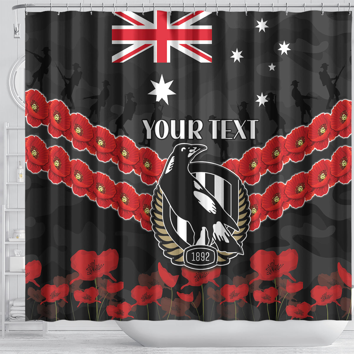 Custom Magpies Football Shower Curtain ANZAC Lest We Forget