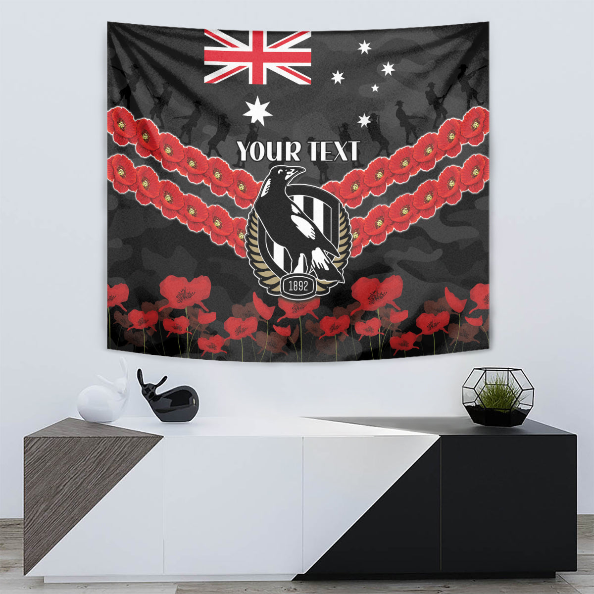 Custom Magpies Football Tapestry ANZAC Lest We Forget
