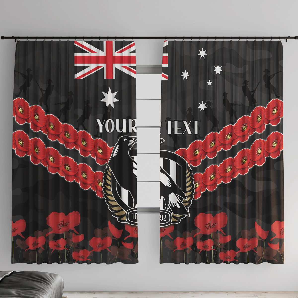 Custom Magpies Football Window Curtain ANZAC Lest We Forget