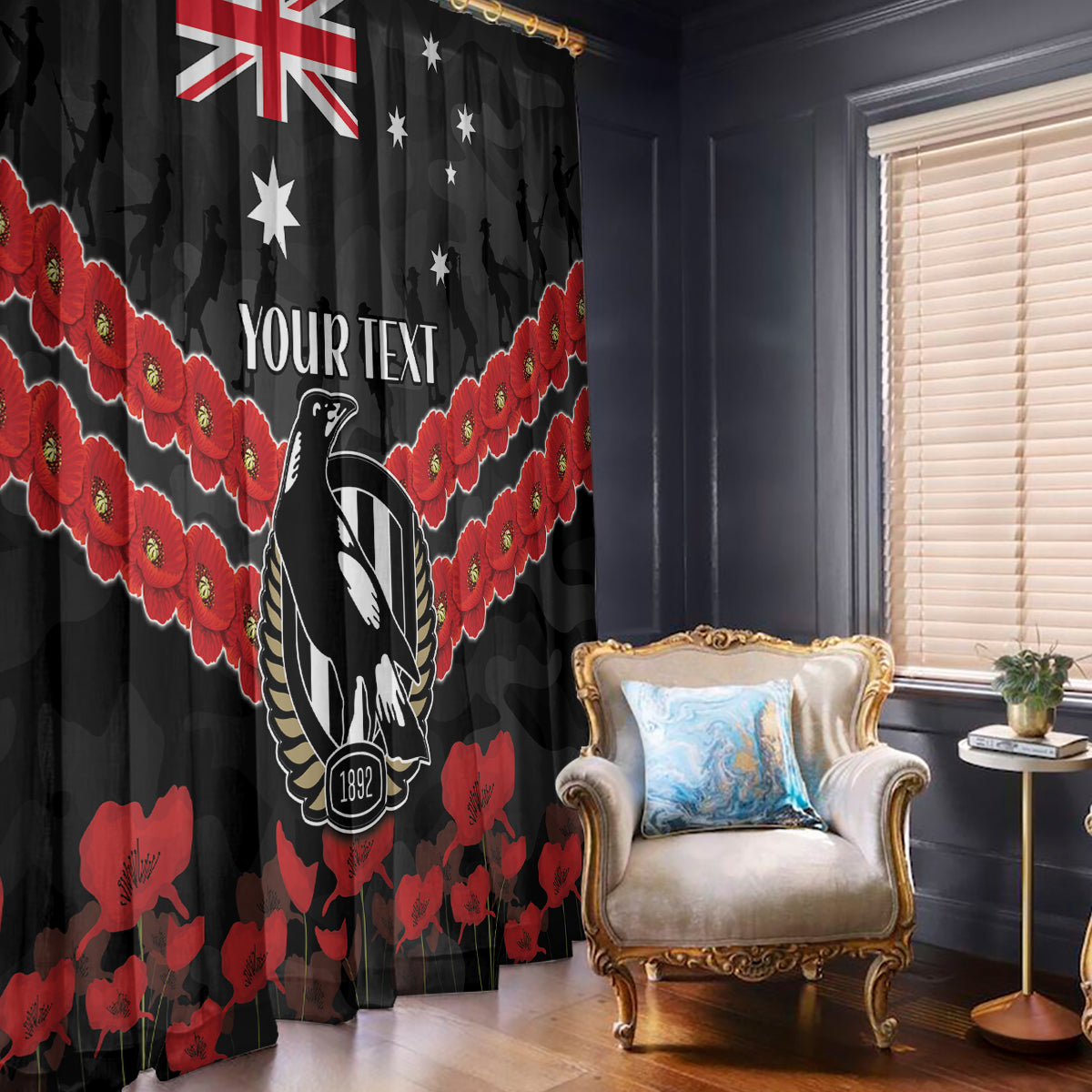 Custom Magpies Football Window Curtain ANZAC Lest We Forget