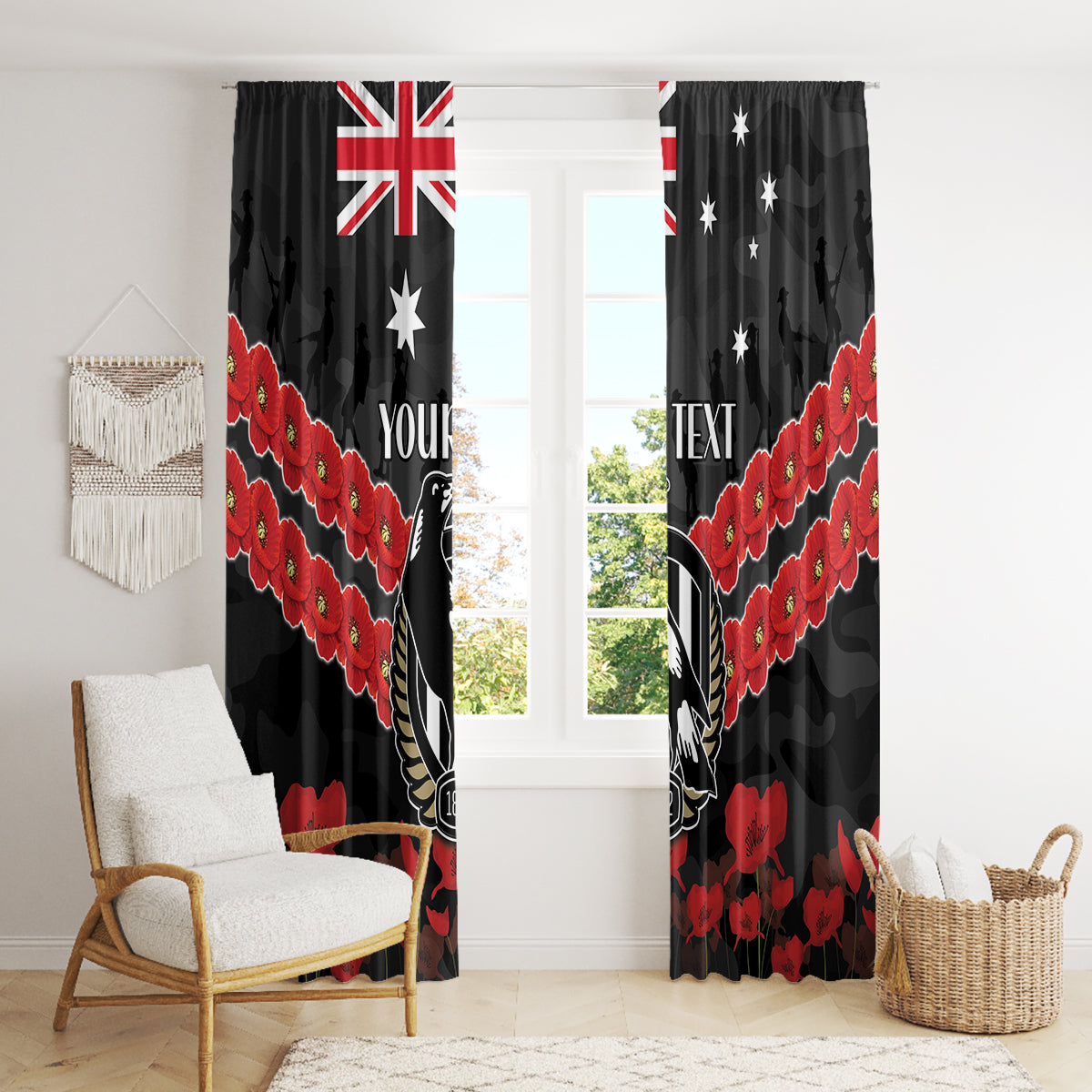 Custom Magpies Football Window Curtain ANZAC Lest We Forget