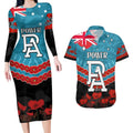 Custom Port Adelaide Power Football Couples Matching Long Sleeve Bodycon Dress and Hawaiian Shirt ANZAC Lest We Forget