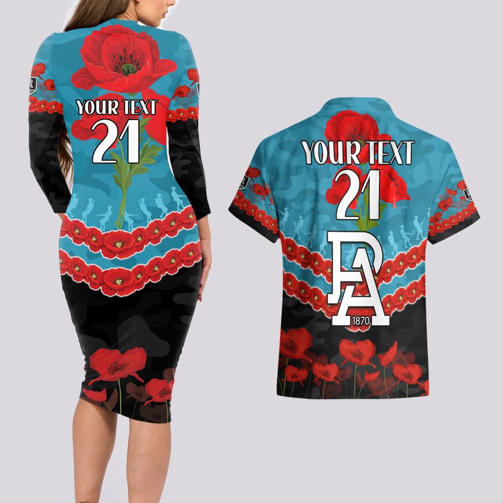 Custom Port Adelaide Power Football Couples Matching Long Sleeve Bodycon Dress and Hawaiian Shirt ANZAC Lest We Forget