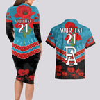 Custom Port Adelaide Power Football Couples Matching Long Sleeve Bodycon Dress and Hawaiian Shirt ANZAC Lest We Forget