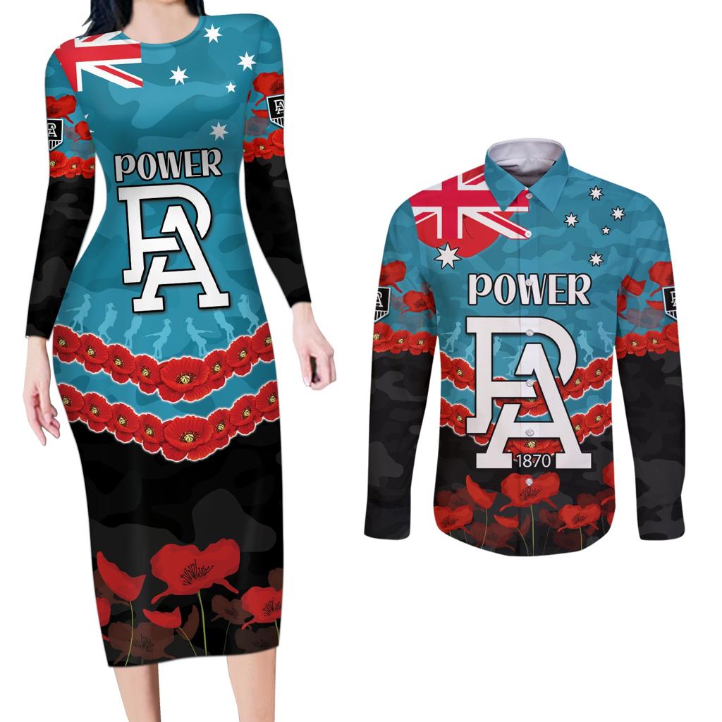 Custom Port Adelaide Power Football Couples Matching Long Sleeve Bodycon Dress and Long Sleeve Button Shirt ANZAC Lest We Forget