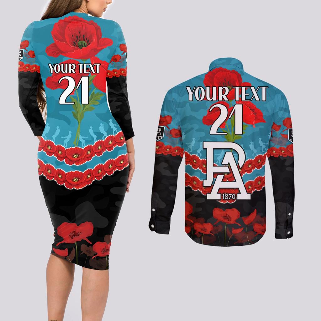 Custom Port Adelaide Power Football Couples Matching Long Sleeve Bodycon Dress and Long Sleeve Button Shirt ANZAC Lest We Forget