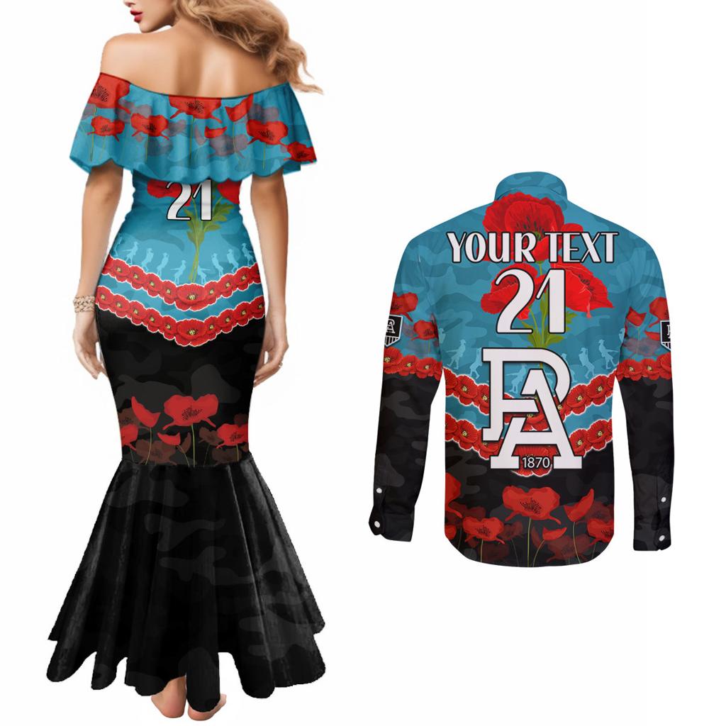 Custom Port Adelaide Power Football Couples Matching Mermaid Dress and Long Sleeve Button Shirt ANZAC Lest We Forget