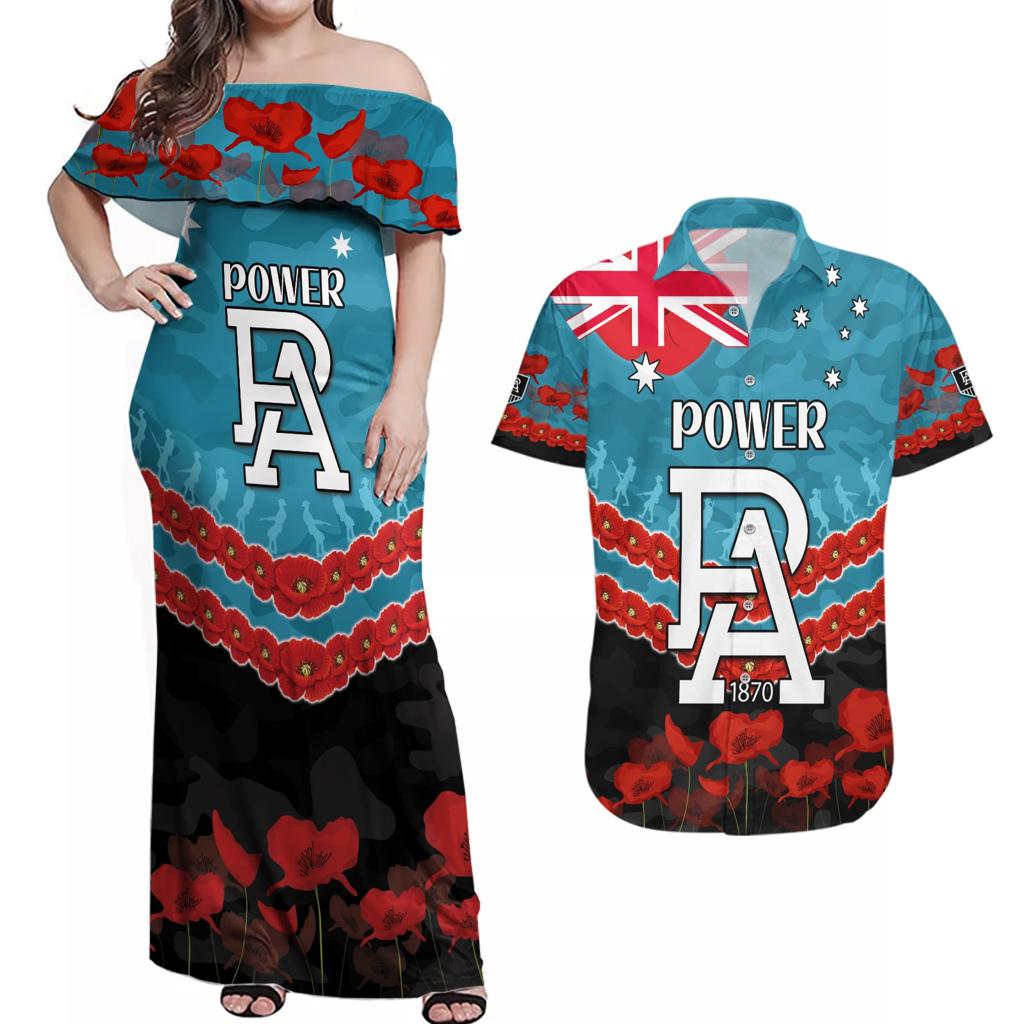 Custom Port Adelaide Power Football Couples Matching Off Shoulder Maxi Dress and Hawaiian Shirt ANZAC Lest We Forget