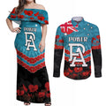 Custom Port Adelaide Power Football Couples Matching Off Shoulder Maxi Dress and Long Sleeve Button Shirt ANZAC Lest We Forget