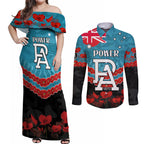 Custom Port Adelaide Power Football Couples Matching Off Shoulder Maxi Dress and Long Sleeve Button Shirt ANZAC Lest We Forget
