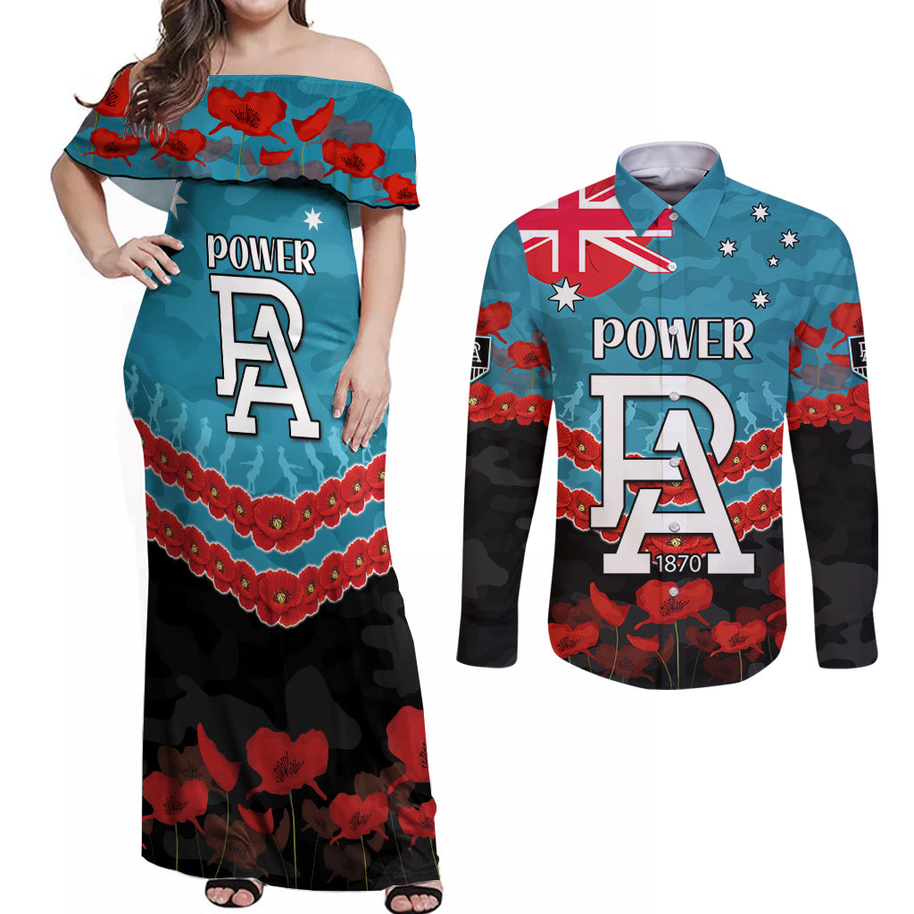 Custom Port Adelaide Power Football Couples Matching Off Shoulder Maxi Dress and Long Sleeve Button Shirt ANZAC Lest We Forget
