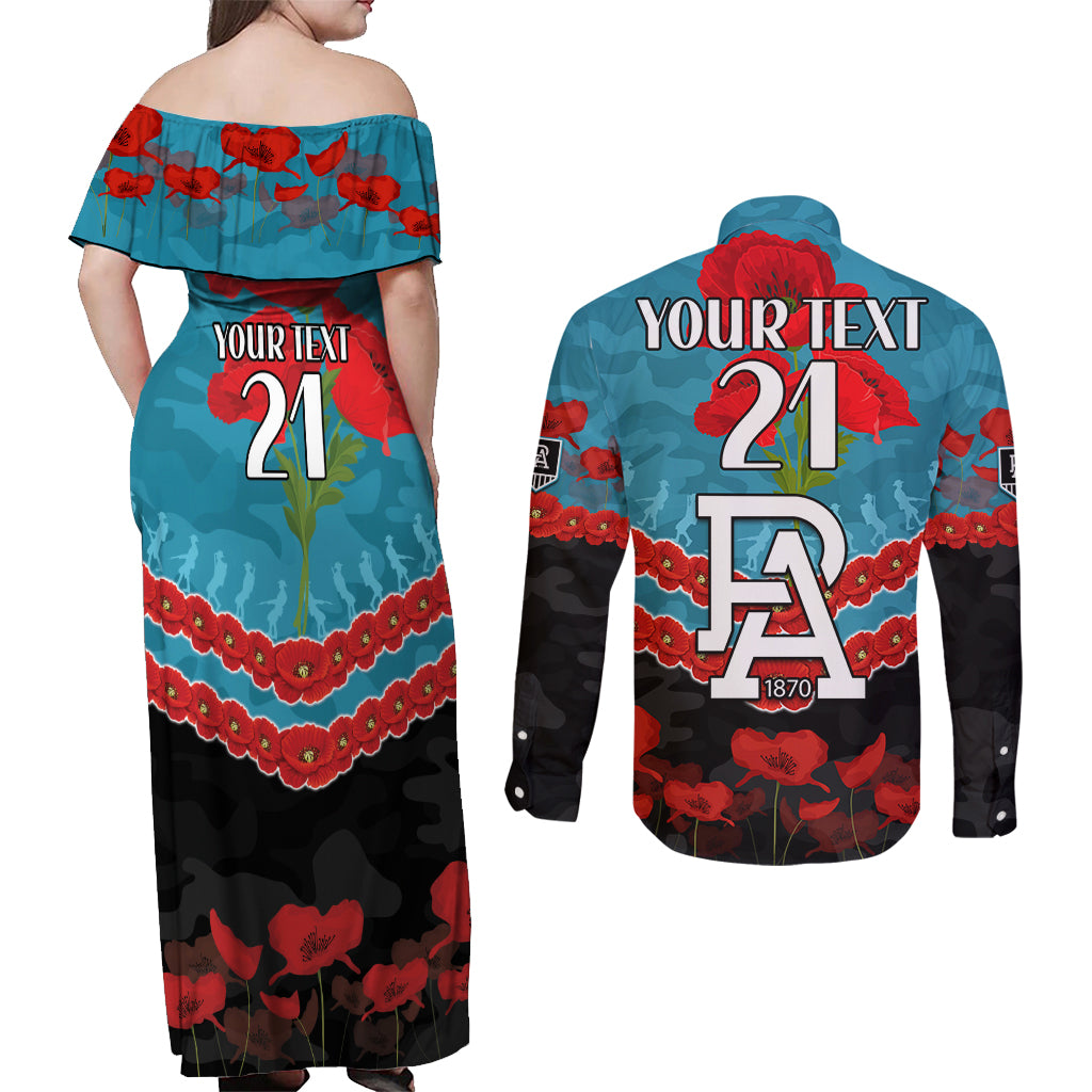 Custom Port Adelaide Power Football Couples Matching Off Shoulder Maxi Dress and Long Sleeve Button Shirt ANZAC Lest We Forget