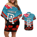 Custom Port Adelaide Power Football Couples Matching Off Shoulder Short Dress and Hawaiian Shirt ANZAC Lest We Forget