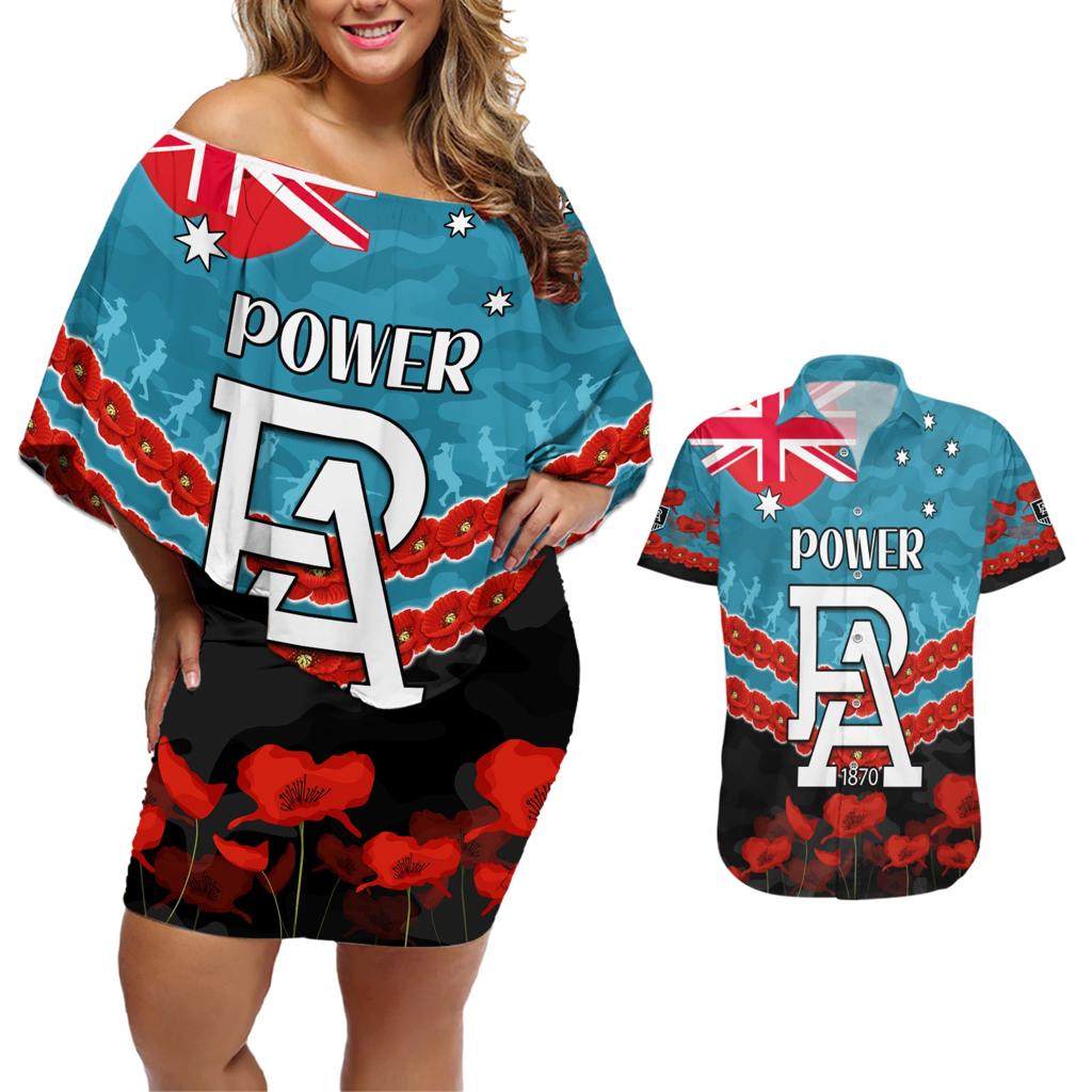 Custom Port Adelaide Power Football Couples Matching Off Shoulder Short Dress and Hawaiian Shirt ANZAC Lest We Forget