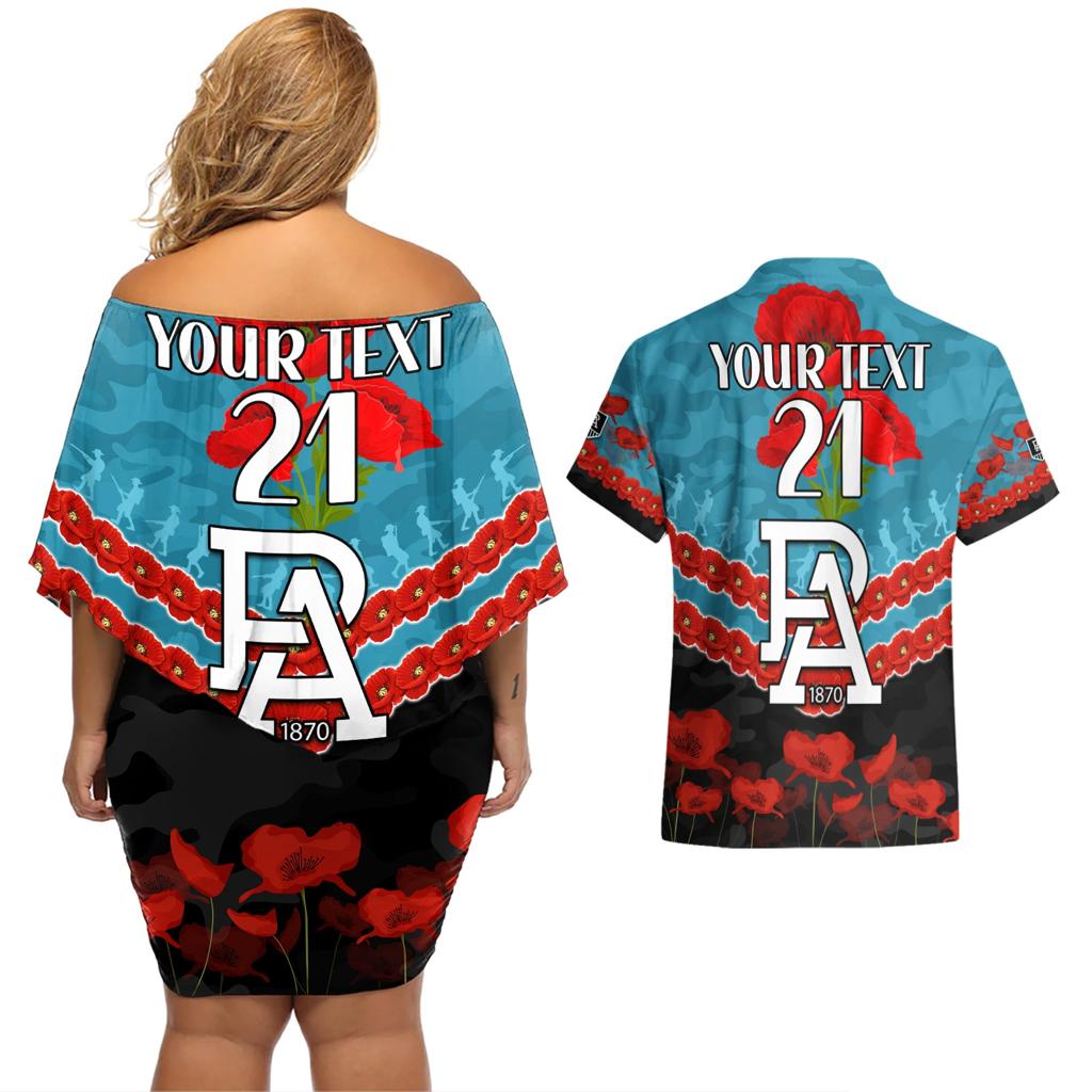 Custom Port Adelaide Power Football Couples Matching Off Shoulder Short Dress and Hawaiian Shirt ANZAC Lest We Forget