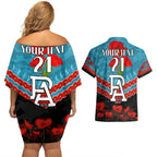 Custom Port Adelaide Power Football Couples Matching Off Shoulder Short Dress and Hawaiian Shirt ANZAC Lest We Forget