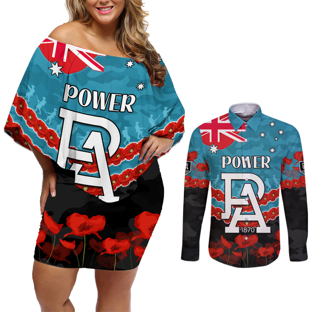 Custom Port Adelaide Power Football Couples Matching Off Shoulder Short Dress and Long Sleeve Button Shirt ANZAC Lest We Forget