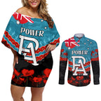 Custom Port Adelaide Power Football Couples Matching Off Shoulder Short Dress and Long Sleeve Button Shirt ANZAC Lest We Forget