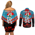 Custom Port Adelaide Power Football Couples Matching Off Shoulder Short Dress and Long Sleeve Button Shirt ANZAC Lest We Forget