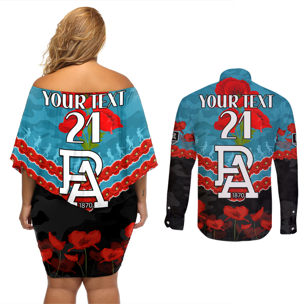 Custom Port Adelaide Power Football Couples Matching Off Shoulder Short Dress and Long Sleeve Button Shirt ANZAC Lest We Forget