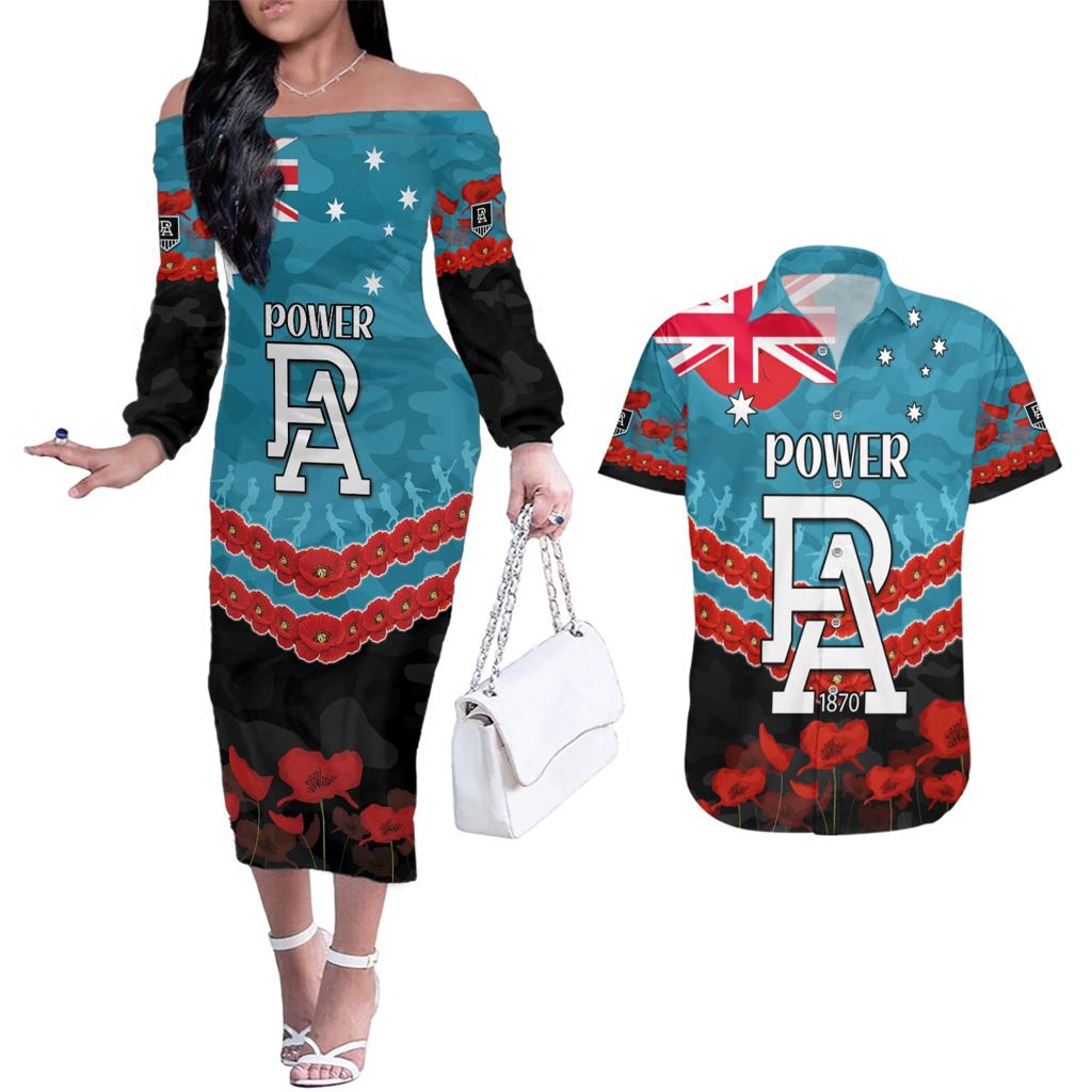 Custom Port Adelaide Power Football Couples Matching Off The Shoulder Long Sleeve Dress and Hawaiian Shirt ANZAC Lest We Forget