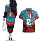 Custom Port Adelaide Power Football Couples Matching Off The Shoulder Long Sleeve Dress and Hawaiian Shirt ANZAC Lest We Forget