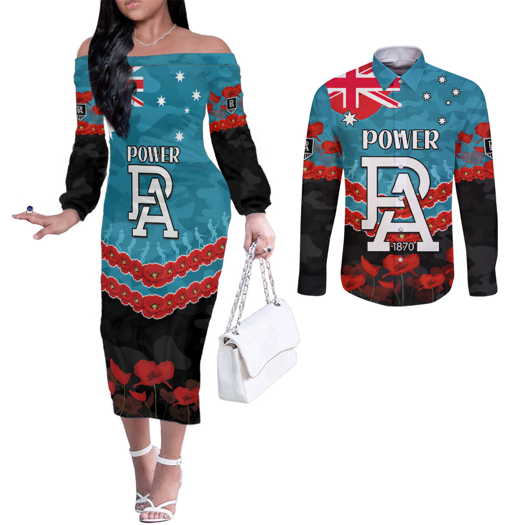 Custom Port Adelaide Power Football Couples Matching Off The Shoulder Long Sleeve Dress and Long Sleeve Button Shirt ANZAC Lest We Forget