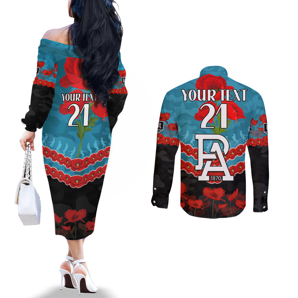 Custom Port Adelaide Power Football Couples Matching Off The Shoulder Long Sleeve Dress and Long Sleeve Button Shirt ANZAC Lest We Forget