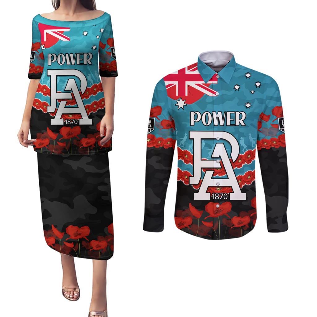 Custom Port Adelaide Power Football Couples Matching Puletasi and Long Sleeve Button Shirt ANZAC Lest We Forget