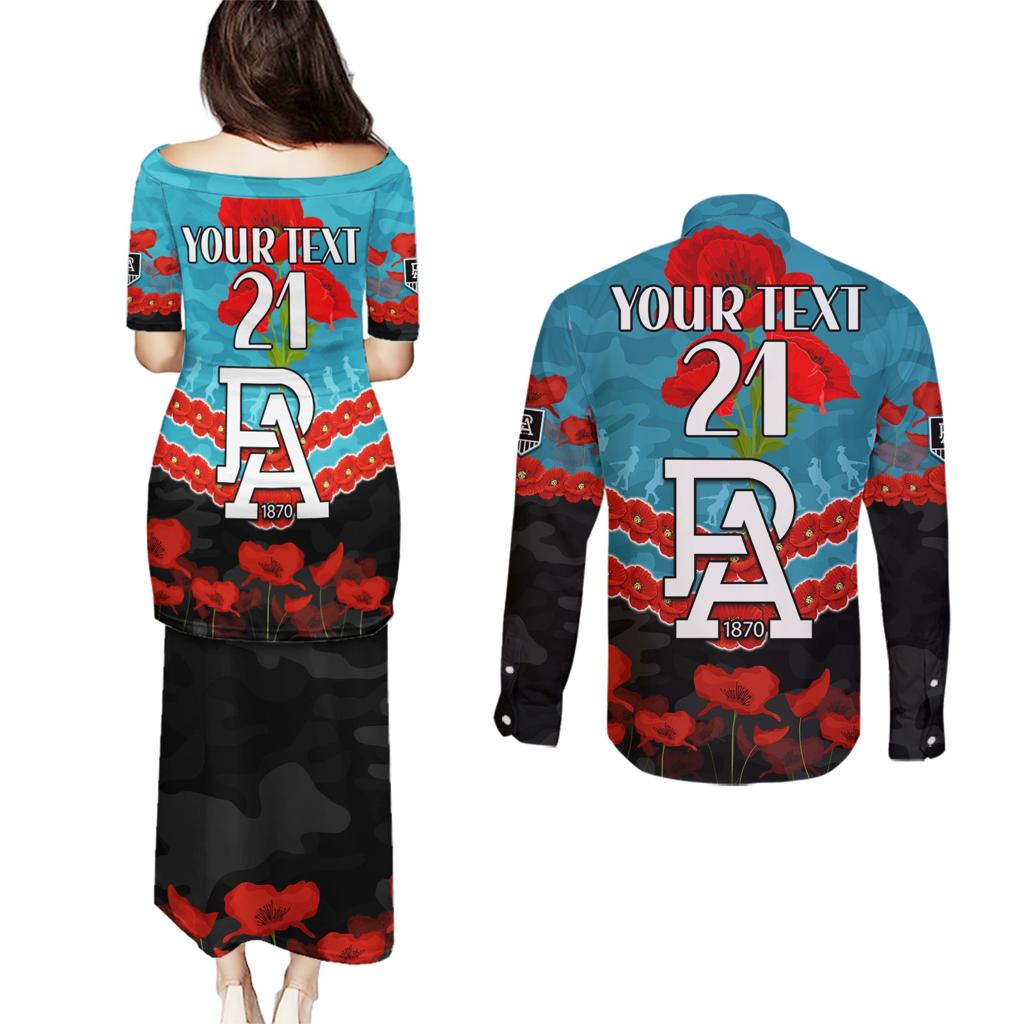 Custom Port Adelaide Power Football Couples Matching Puletasi and Long Sleeve Button Shirt ANZAC Lest We Forget