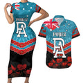 Custom Port Adelaide Power Football Couples Matching Short Sleeve Bodycon Dress and Hawaiian Shirt ANZAC Lest We Forget