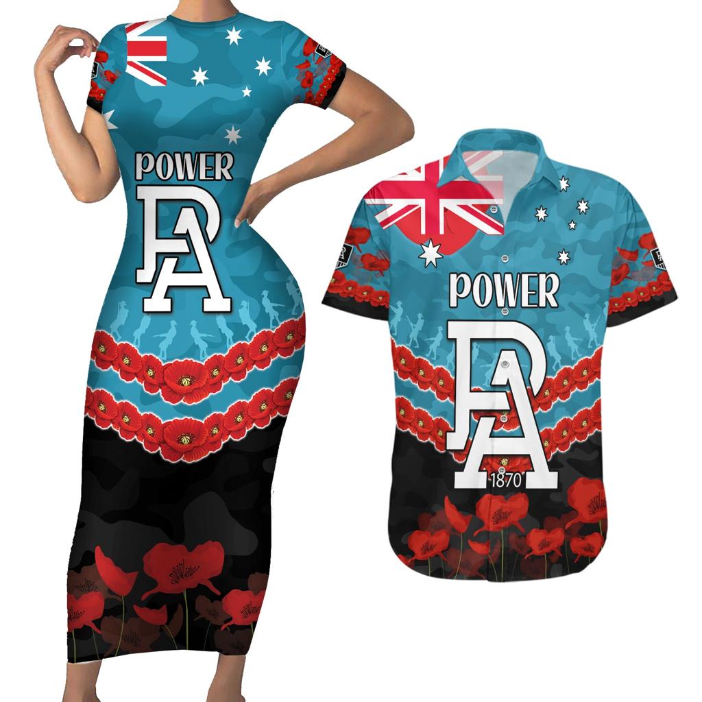 Custom Port Adelaide Power Football Couples Matching Short Sleeve Bodycon Dress and Hawaiian Shirt ANZAC Lest We Forget