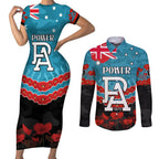 Custom Port Adelaide Power Football Couples Matching Short Sleeve Bodycon Dress and Long Sleeve Button Shirt ANZAC Lest We Forget